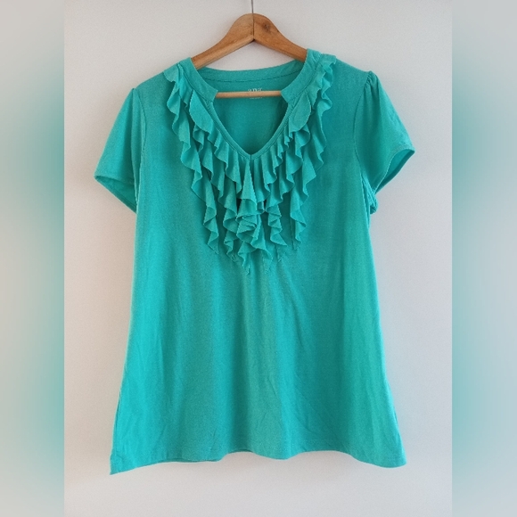 a.n.a Tops - a.n.a A New Approach Teal Ruffle V-Neck Short Sleeve Top Blouse -Women's Size XL